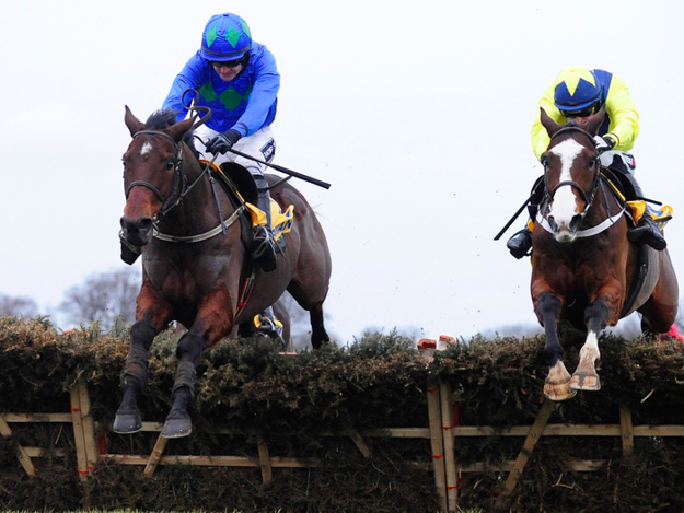 Hurricane Fly and Ruby Walsh (left) clear the last hurdle to win the Ryanair Hurdle in 2013, Hurricane Fly's 18th G1 win. Photo: Healy Racing/RacingFotos.com
