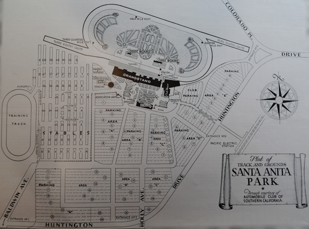 Santa Anita was comprehensively planned. Provision was made for car parking on an unprecedentedly large scale. Plan via the Santa Anita Press Book 1940-41.