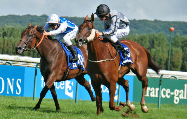 Odeliz (right) winning the Prix Jean Romanet at Deauville in August from Bawina. Photo: John Gilmore