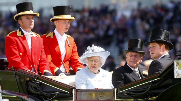 Queen Elizabeth II, Prince Philip, Duke of Edinburgh, and Prince Harry arrive at Royal Ascot on June 17, Opening Day. RacingFotos.com