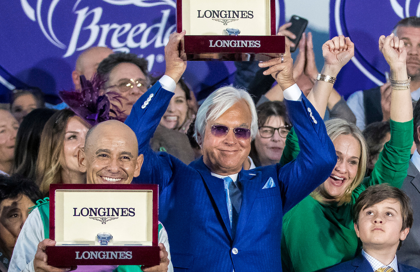 Supreme achievement: Bob Baffert, Mike Smith share the joy after the presentation. Photo: Alex Evers/Eclipse Sportswire/Breeders’ Cup