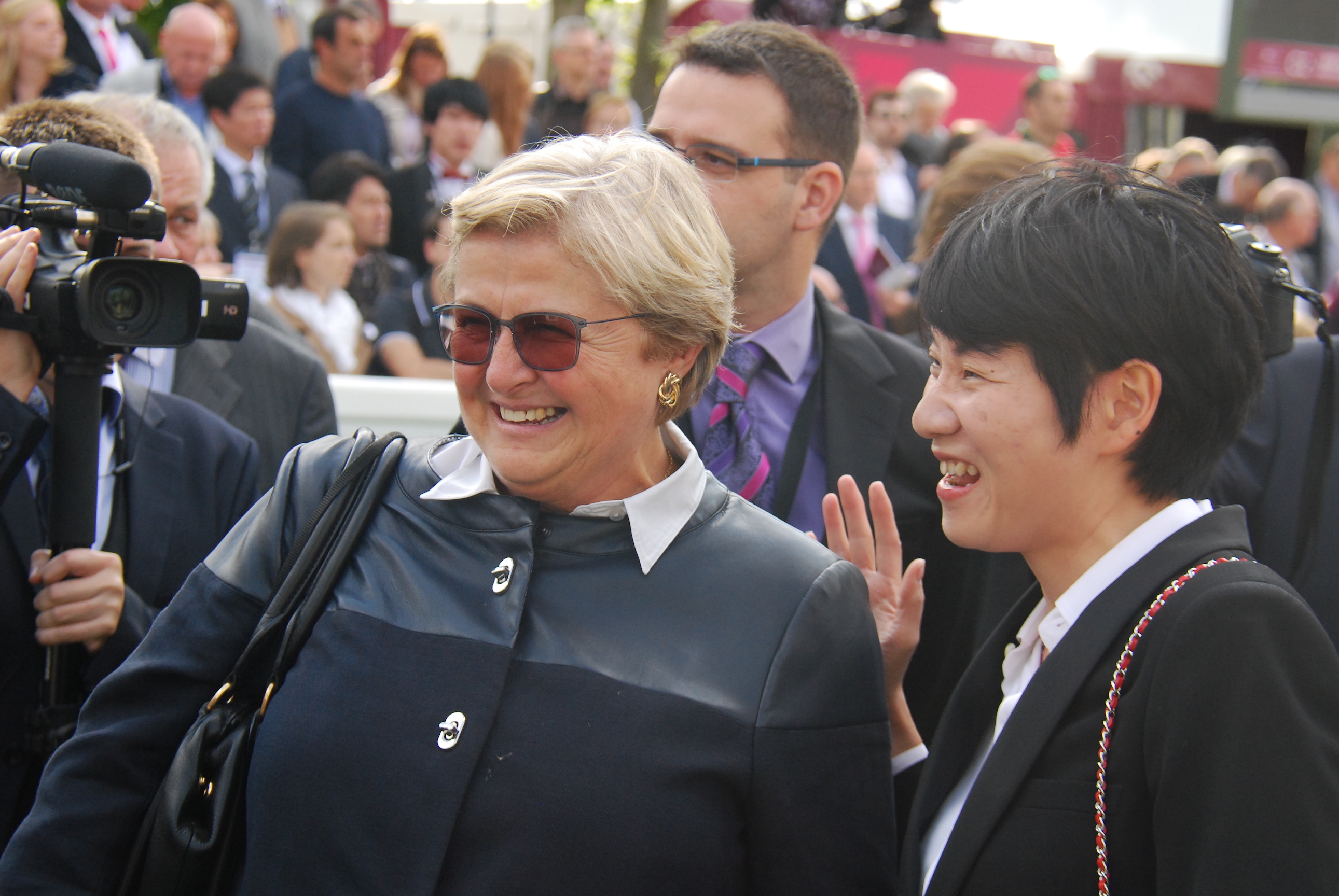 Criquette Head-Maarek and Sun Bloodstock’s Danielle Cheng in the winners’ enclosure after National Defense’s Arc Day victory. Photo: John Gilmore