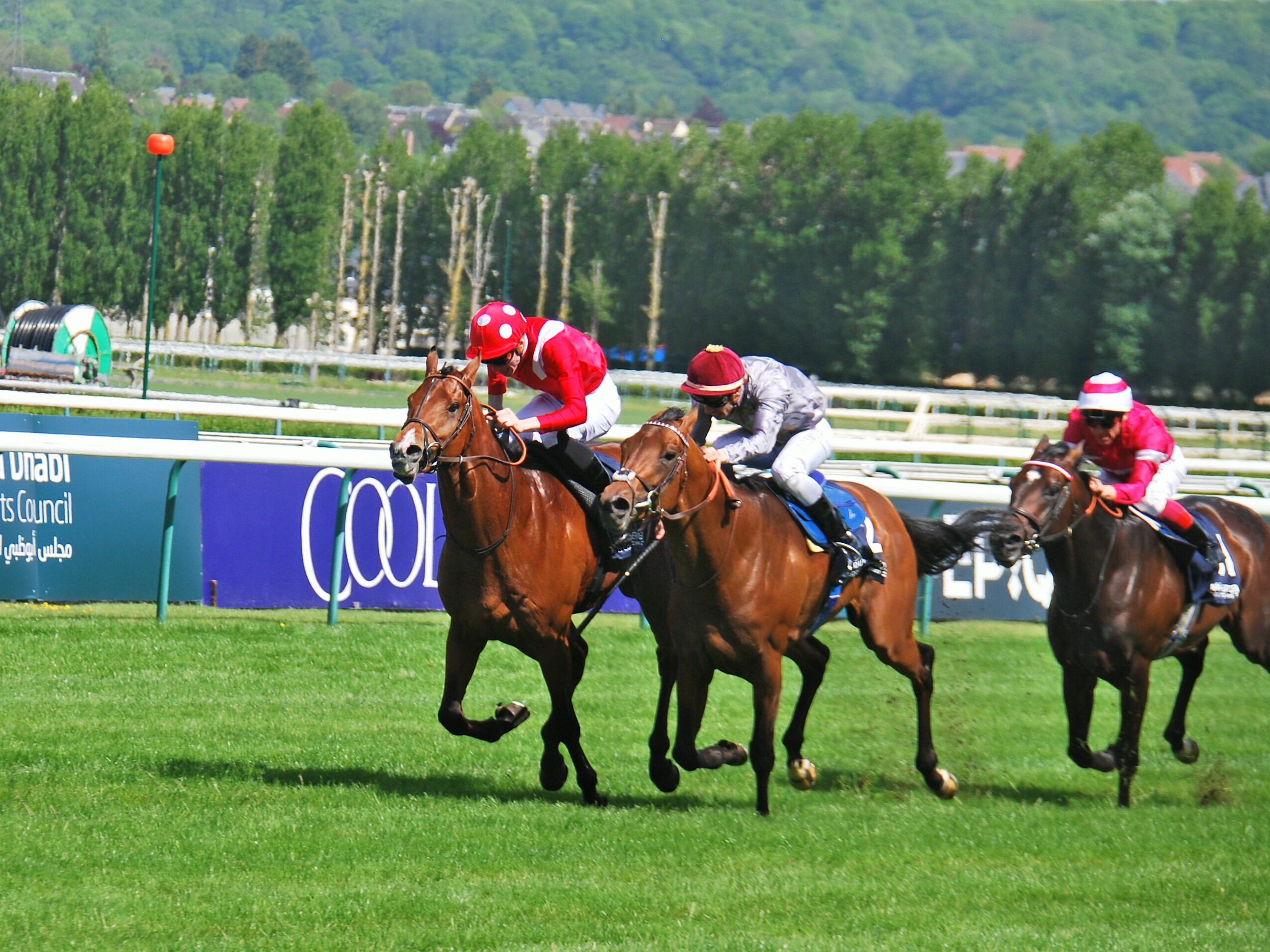 Contender: Brametot (centre) winning the Poule d’Essai des Poulains at Deauville from the Andre Fabre-trained Le Brivido (left) and Rivet. Photo: John Gilmore