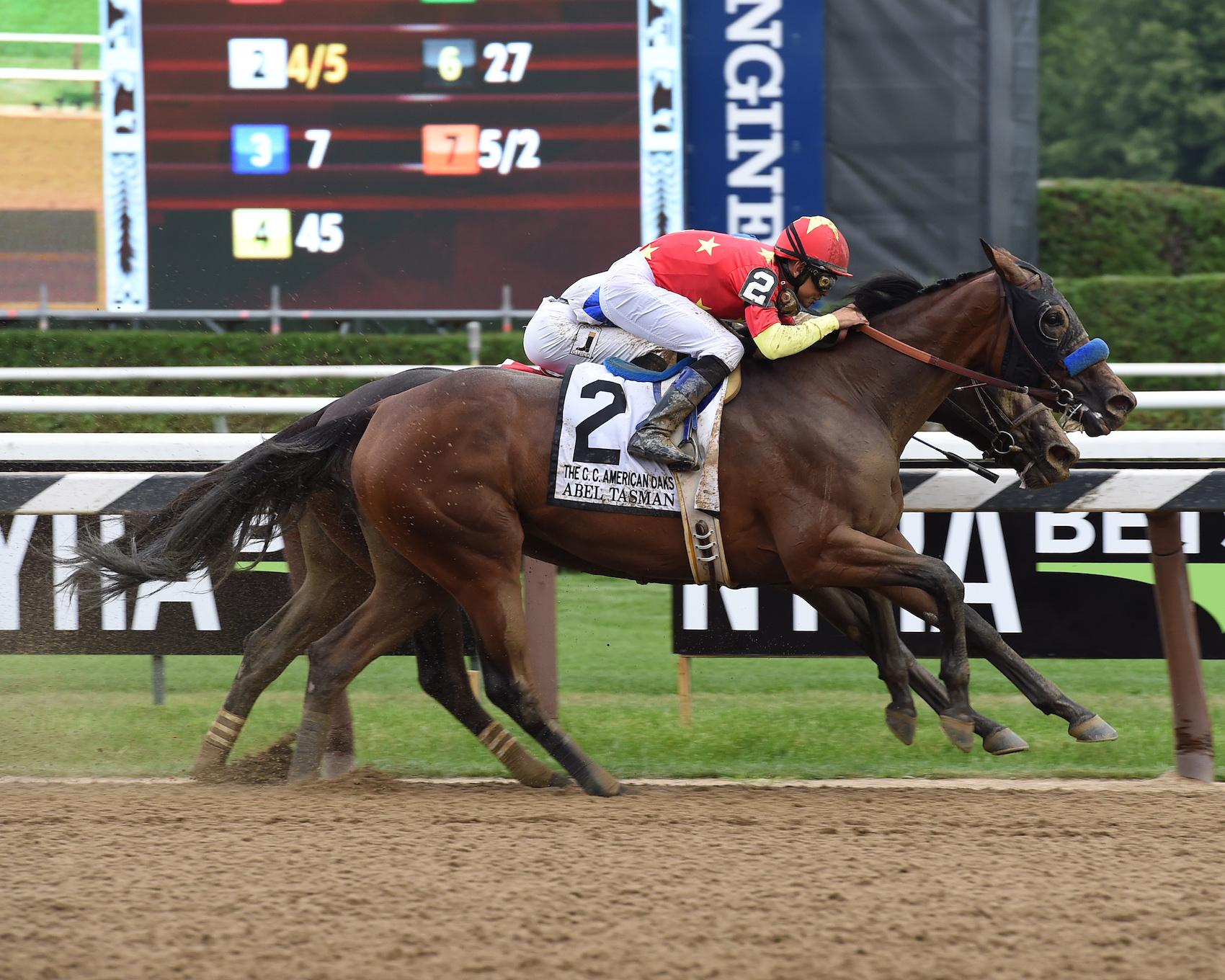 Abel Tasman wins the Coaching Club American Oaks at Saratoga in July by a head from Elate. Photo: NYRA.com