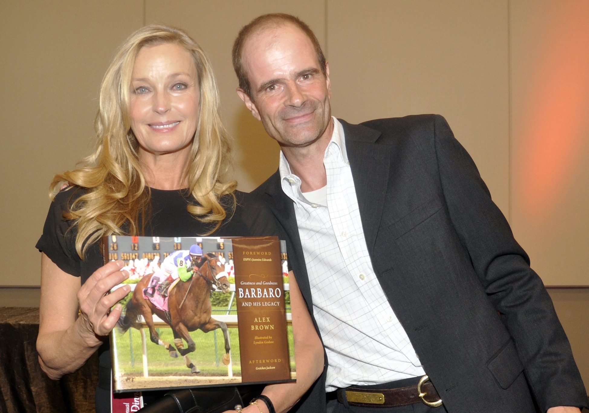 Bo Derek, the actress and former California Horse Racing Board member, with Alex Brown at the launch of his book on Barbaro