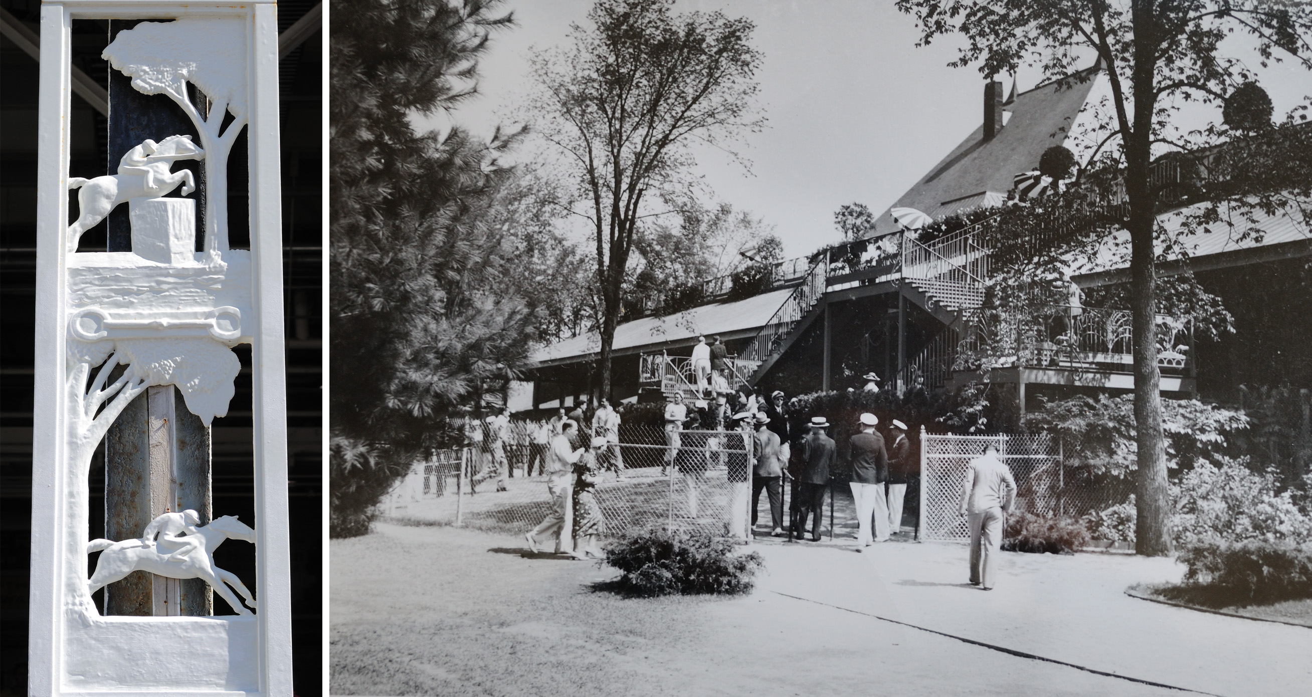 The betting ring, viewed from the back yard and the cast-iron decoration that it introduced. The image on the right is courtesy Saratoga Springs History Museum