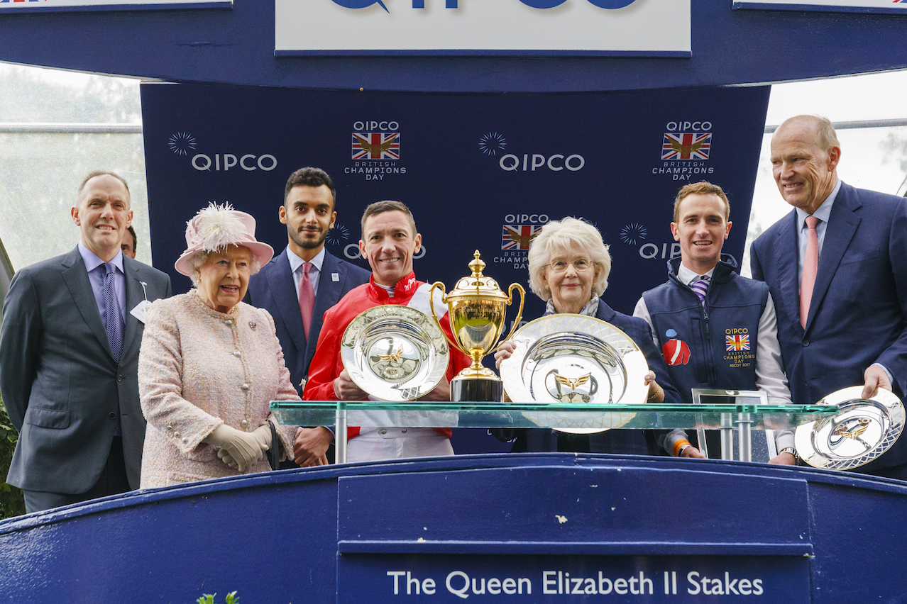 Royal seal of approval: The Queen has been present at every Qipco British Champions Day so far. She is pictured with connections of Persuasive, winner of the Queen Elizabeth II Stakes at last year’s meeting