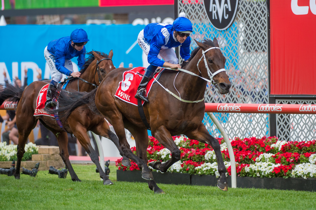 Just too good: Winx is comfortably in command ahead of Benbatl at the line. The crowd not only cheered her, they cheered the runner-up as well. Photo: Sharon Lee Chapman