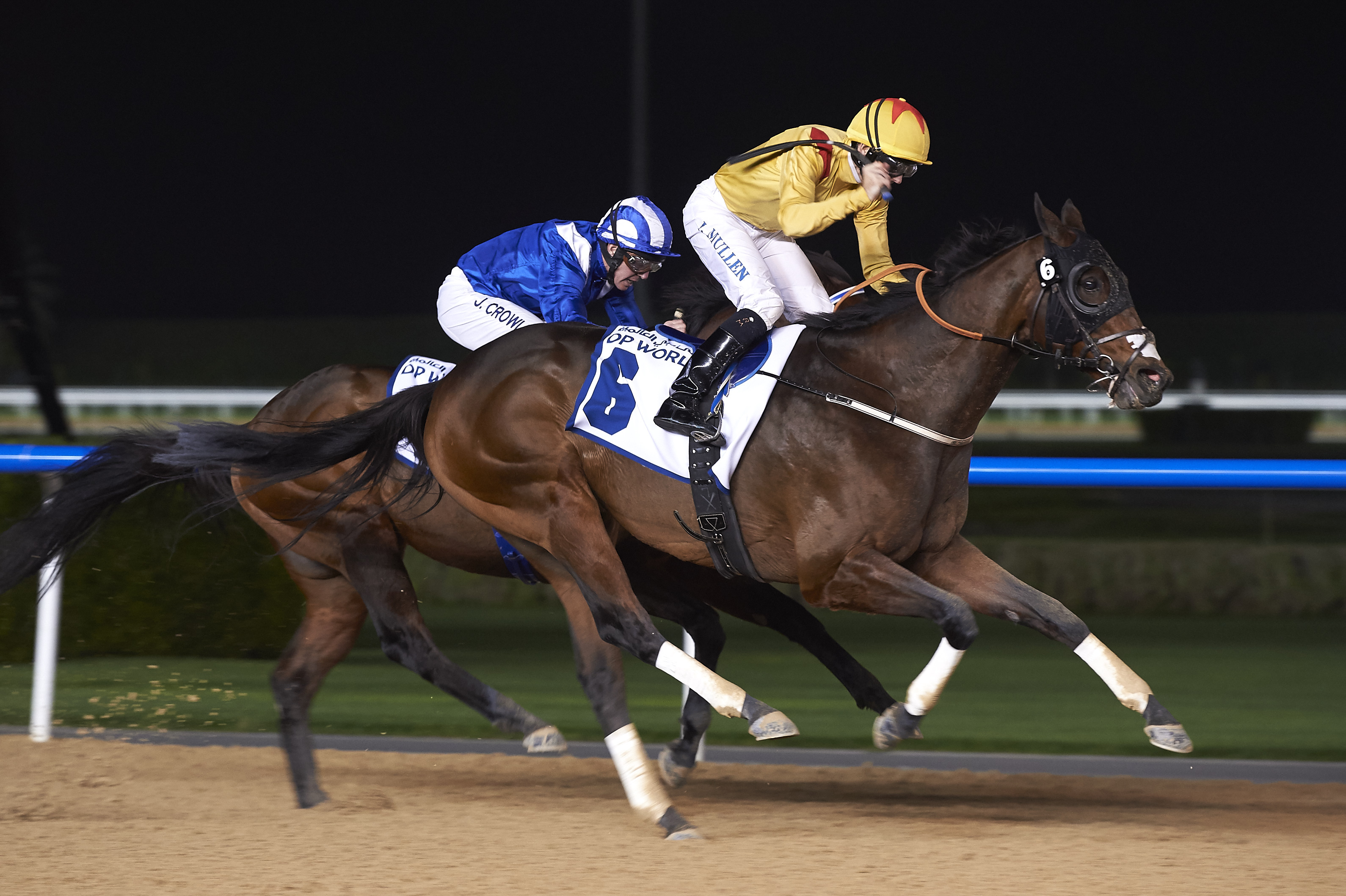 Reynaldothewizard, ridden by Richar Mullen, shows his class with a win in the Dubawi Stakes on the dirt at Meydan during the Dubai Carnival in January 2017. Picture: Andrew Watkins/Dubai Racing Club