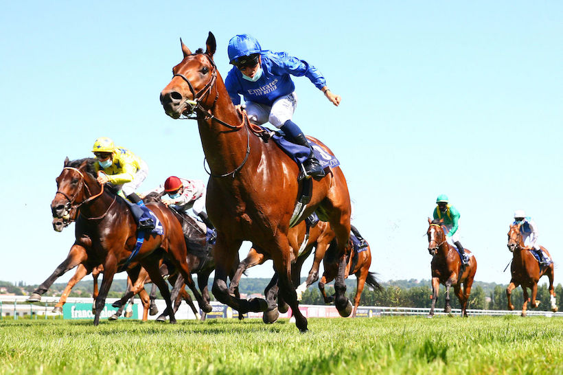 Flying start … to the 2020 Classic campaign: Godolphin’s Victor Ludorum winning Monday’s G1 Poule d’Essai des Poulains at Deauville for Godolphin (and Lisa-Jane Graffard). Photo: scoopdyga