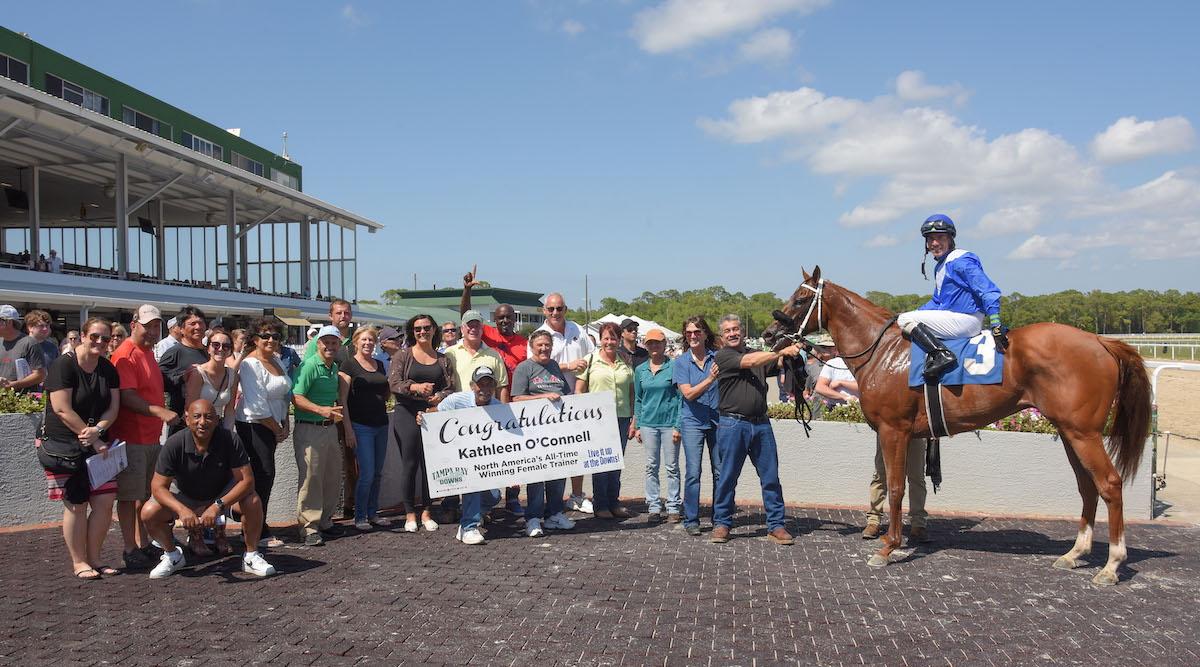 She’s a record breaker: Kathleen O’Connell with her team and connections of My Eagle Soars and after record-breaking success at Tampa Bay. Photo: SV Photography