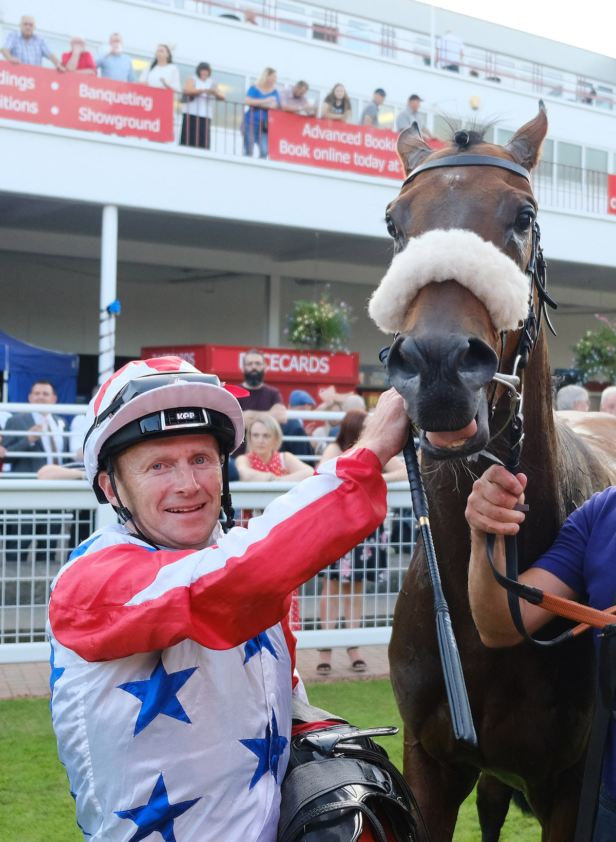 Joe Fanning with Universal Gleam, who provided the 2,500th winner of his career at Redcar in 2019. Photo: Tony Knapton / focusonracing.com