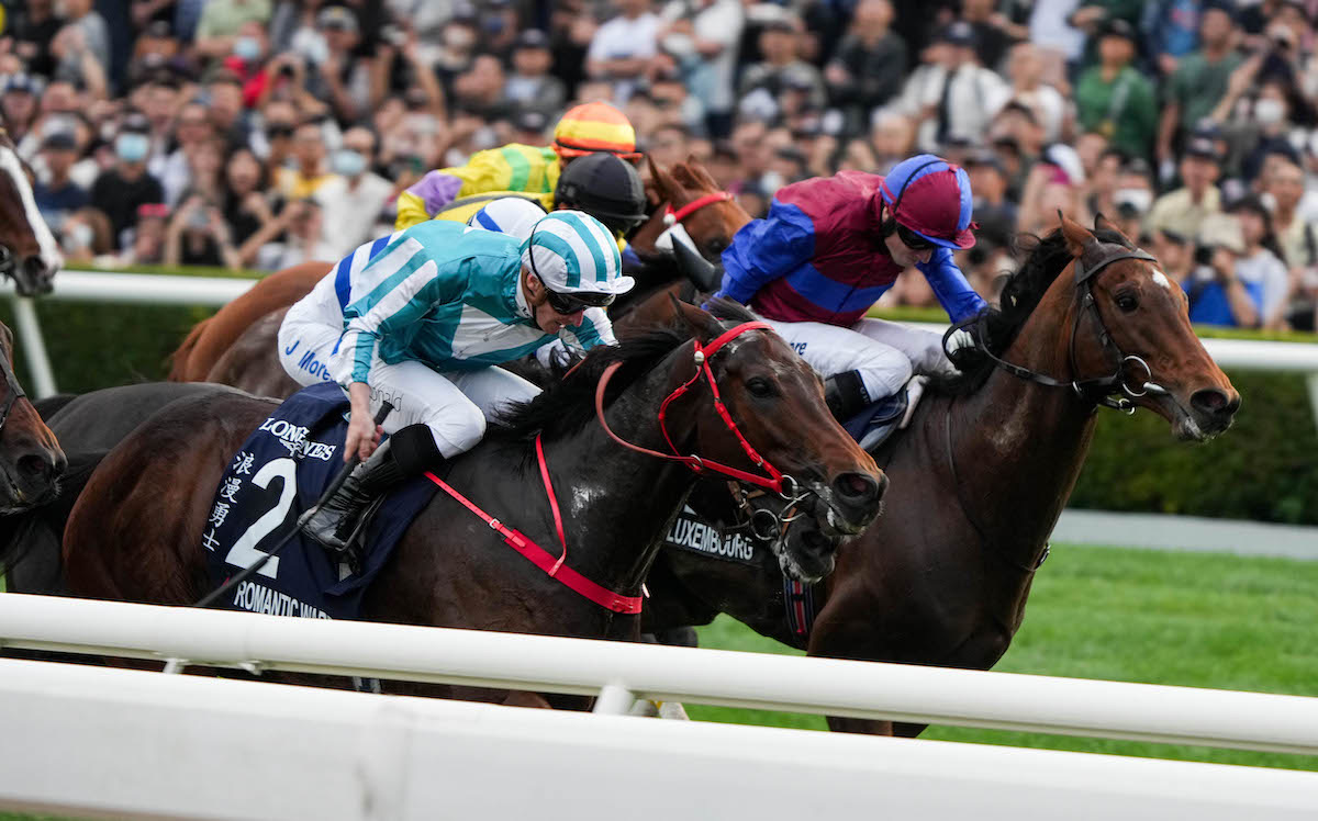 Romantic Warrior (James McDonald, near side) fends off Luxembourg in a HK Cup thriller. Photo: HKJC