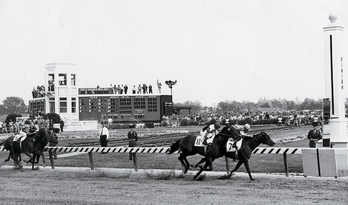 Northern Dancer (far side) holds off the favorite Hill Rise to become the first Canadian-bred horse to win the Kentucky Derby in 1964. Photo courtesy of Keeneland Library