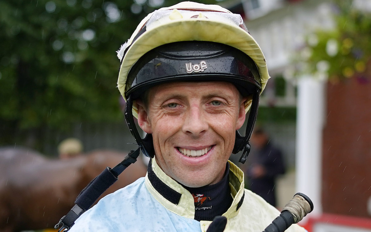 All smiles: Ben Curtis after riding 1,00th winner in Britain at Redcar in September 2023. Photo: Tony Knapton / focusonracing.com 