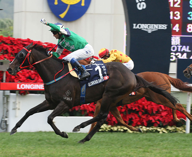 Glorious Days and jockey Douglas Whyte win the Longines Hong Kong Mile on December 8, 2013. Photo: The Hong Kong Jockey Club.