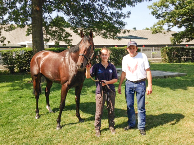 Gai Waterhouse-trained Pornichet at Belmont Park with exercise rider Rodney Paine and Rachel King. Photo: Rob Waterhouse.