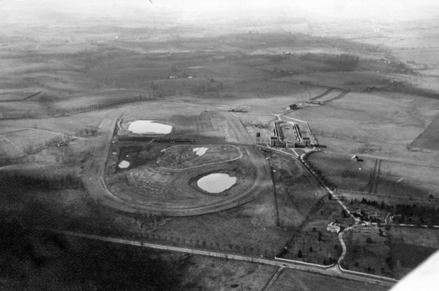 Aerial photo of Keeneland in 1935 showing Jack Keene's track, barn, and training track. Photo: Keeneland Library.