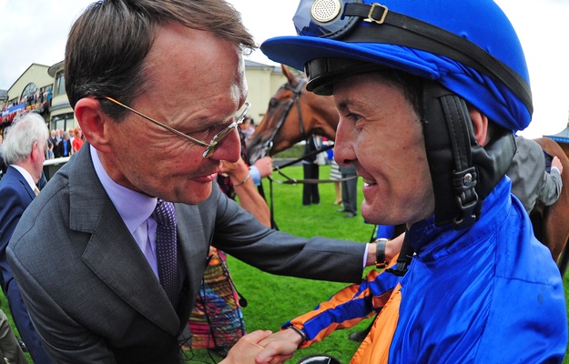 Aidan O'Brien and Colm O'Donoghue after winning the Darley Irish Oaks with Bracelet. RacingFotos.com