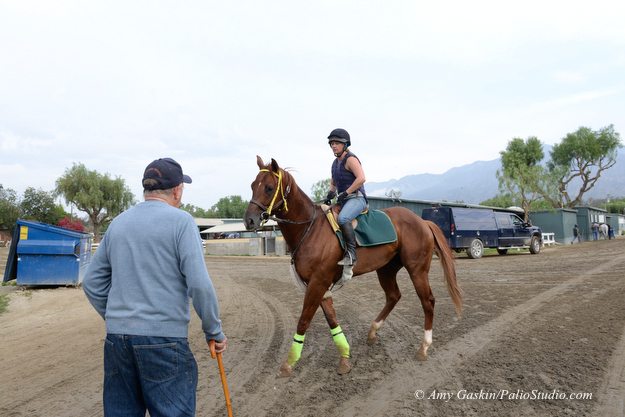 Exercise rider Lisa Hanson returns from a morning ride as trainer Bruce Headley speaks to her about the workout at Santa Anita. Photo: Amy Gaskin/Palio Studios.com