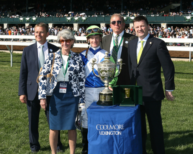 Arnaud Delacour, Gretchen Jackson, Julien Leparoux, Roy Jackson, and Coolmore's Dermot Ryan after Divining Rod's win in the Coolmore Lexington Stakes. Photo: Coady Photography