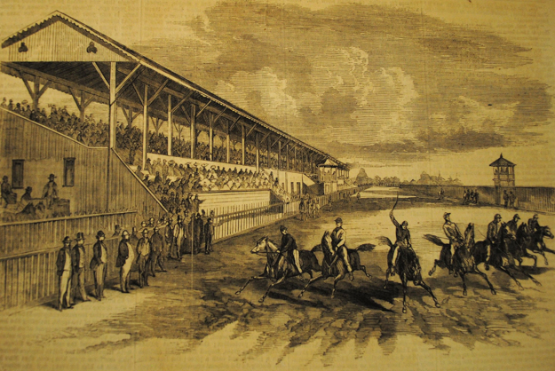 Illustration of Saratoga's first grandstand via Frank Leslie's illustrated newspaper Aug. 26, 1865.