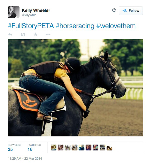 Through the Twitter hashtag #FullStoryPETA, the racing community and others shared how much the industry cares for its equine athletes. Tweet from @kllywhlr.