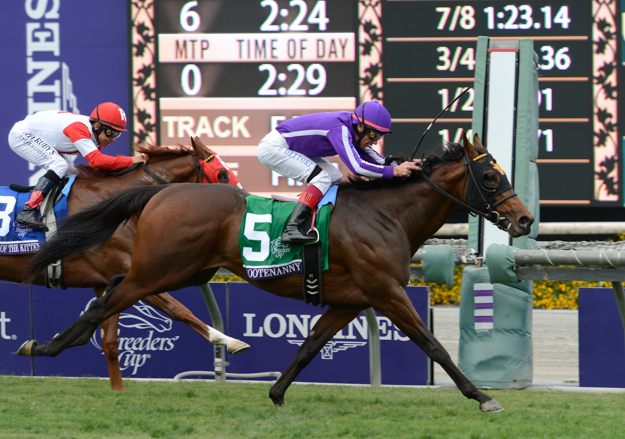 Hootenany, Frankie Dettori up, wins the Breeders' Cup Juvenile Turf. Photo: Breeders' Cup/Phil McCarten