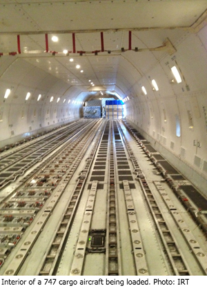 Interior of a 747 cargo aircraft being loaded. Photo: IRT