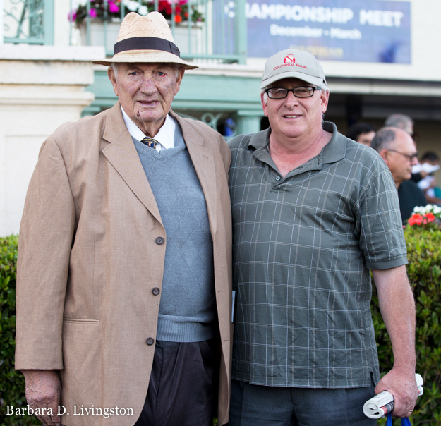 Allen Jerkens with son Jimmy Jerkens at Gulfstream Park in January 2015. Photo: © Barbara D. Livingston.