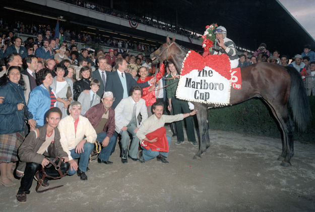 Slew o' Gold and connections in the winner's circle after winning the 1984 Marlboro Cup. Photo: NYRA/Coglianese Photo.