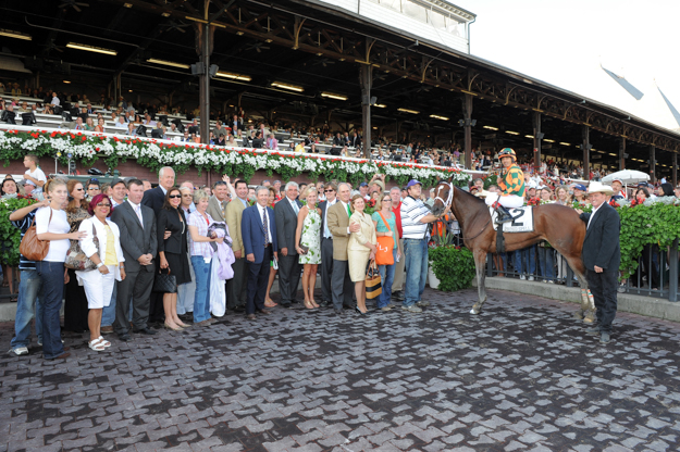 Brereton Jones-owned Proud Spell in the winner's circle at Saratoga Race Track after taking the Alabama Stakes. Photo: NYRA/Adam Coglianese.