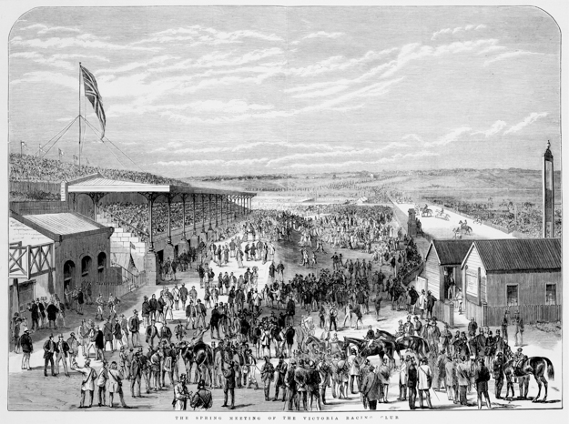 Spring meeting at Flemington in 1877. Bagot's Cowshed is shown on the left. Photo via State Library of Victoria.