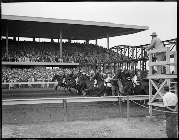 The start of a race at Narragansett Park circa 1934. Photo provided by the Boston Public Library.