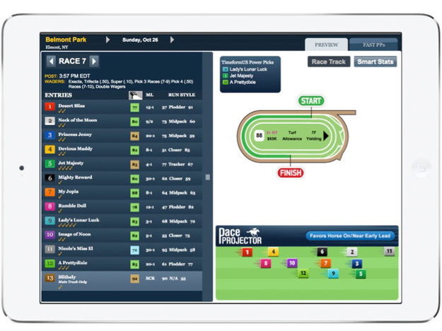 TimeformUS PPs from a race at Belmont Park shown on a tablet. Image provided by TimeformUS.