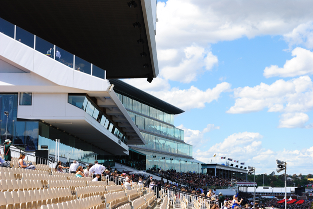 The current stands at Flemington: Hill Stand (foreground), Grandstand (middle), and Members' Stand (far). Photo: Isabelle Taylor.