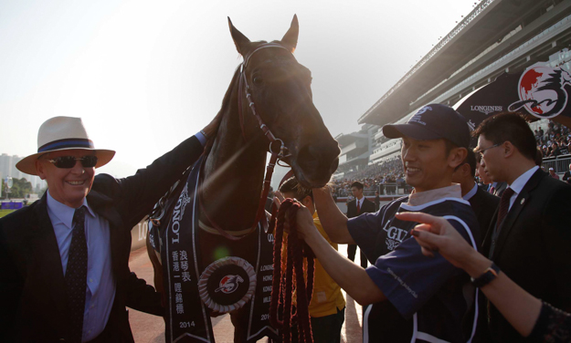 John Moore with Able Friend after winning the G1 Longines Hong Kong Mile in December 2014. Photo: HKJC