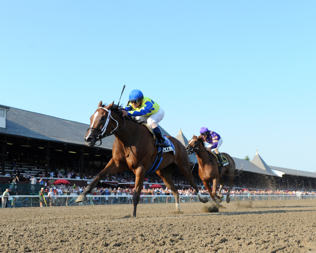 Brooklyn Boyz Stable's Escapefromreality and jockey Javier Castellano win the Albany Stakes on August 21, 2013. Photo: NYRA/Adam Coglianese