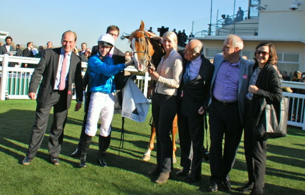 Harry Dunlop (left) with Robin Of Navan and members of the Cross, Deal, Fodden and Sief ownership partnership after the colt's G1 win at Saint-Cloud. Photo: John Gilmore