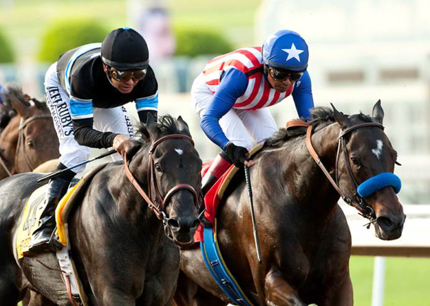 Shared Belief (left) beats Fed Biz by a neck in the G1 Awesome Again at Santa Anita on Sept. 27. Photo: Benoit Photo.