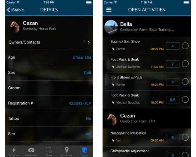 The iStable app can display horse information (left) and can show tasks and activities for stable staff (right) among other capabilities.