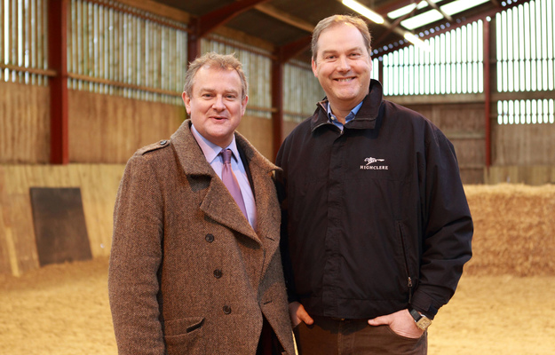 Actor and owner in a Highclere syndicate Hugh Bonneville and Harry Herbert. RacingFotos.com 