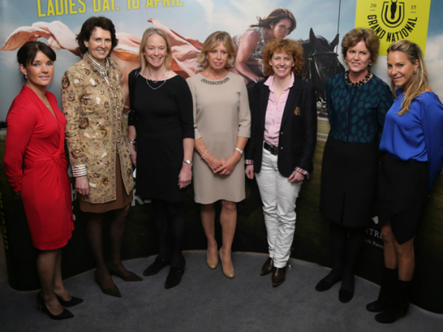 Leading figures in British and Irish racing, from left: jockey Katie Walsh, trainer Venetia Williams, trainer's wife Sarah Hobbs, owner and Grand National sponsor Judy Halewood, trainer Lucinda Russell, Aintree chair Rose Patterson and broadcaster Emma Spencer. Photo: John Grossick/Racingfotos.com