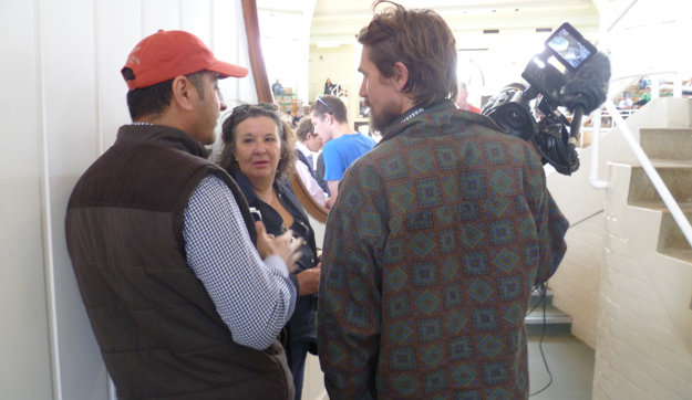 Dr. Amad Al Shaab, filmmaker Sylvia Stevens, and cameraman Tim Hawkins at Tattersalls in Newmarket, England. Photo: Lissa Oliver.