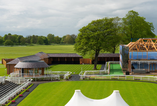 Parade ring, pre-parade ring, and construction of the weighing room at York Racecourse. Photo via York Racecourse.