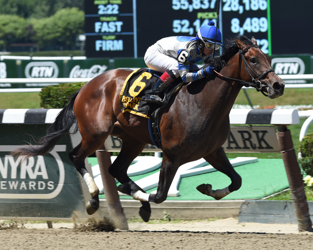 Wonder Gal and jockey Taylor Rice win the Lynbrook Stakes at Belmont Park on July 6. Photo: NYRA/Adam Coglianese.