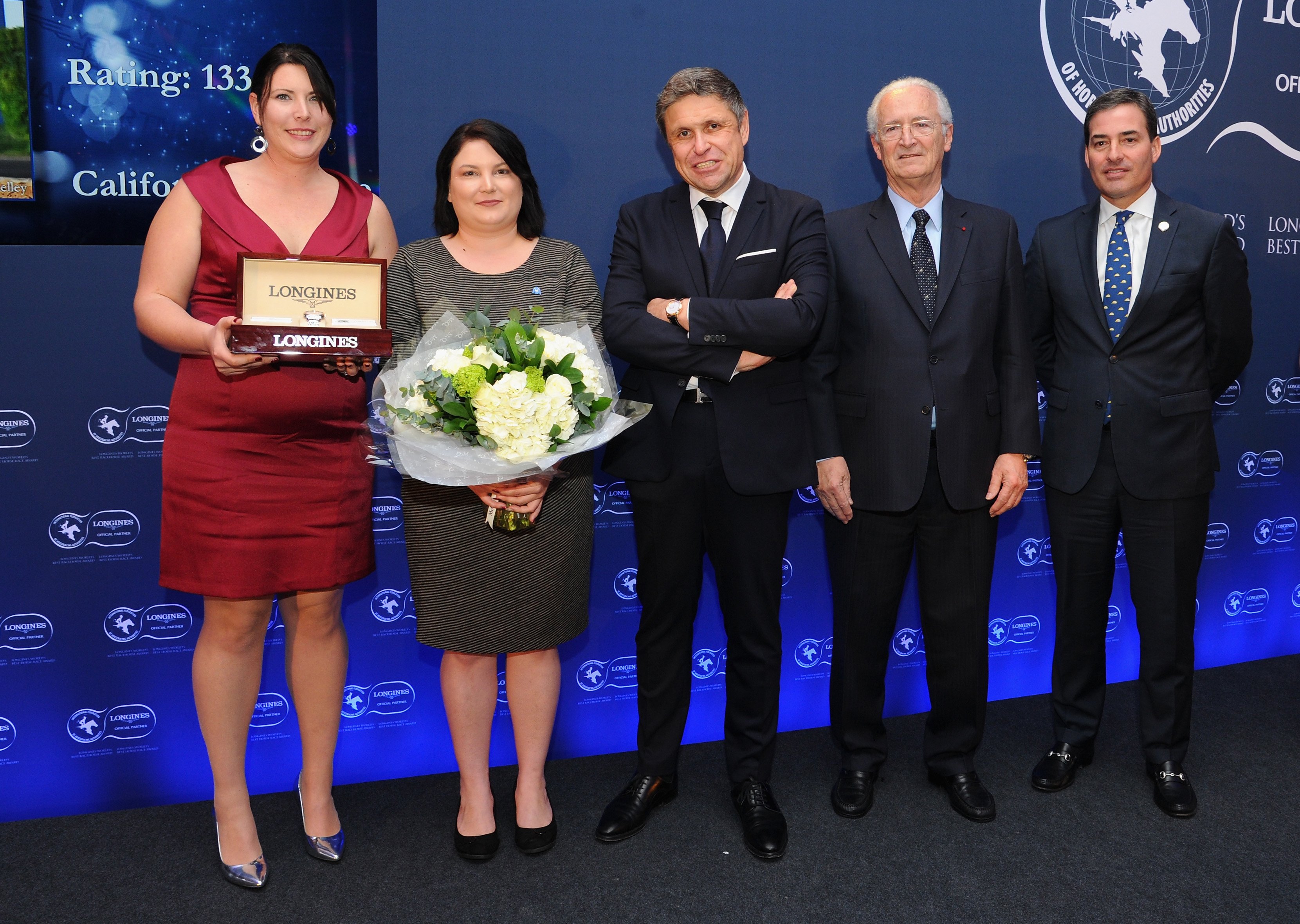 True ‘Chromies’: Robin Sharratt (left) and Kelly Martin, representing California Chrome’s connections, with Juan-Carlos Capelli, Louis Romanet and U.S. Jockey Club president Jim Gagliano. Photo: Longines