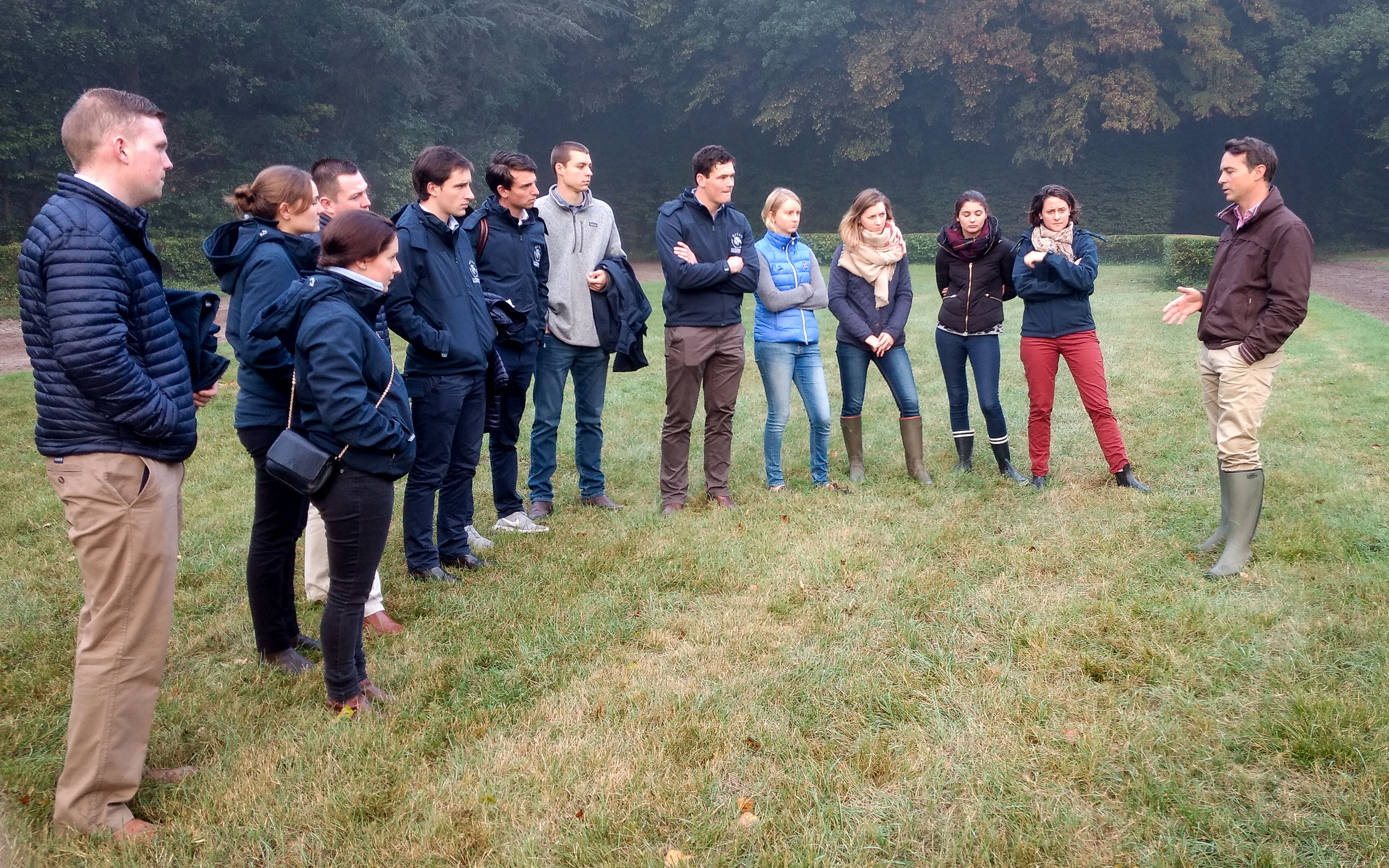 Chantilly group: the trainees and some recent graduates at the training grounds in Chantilly, together with G1 winning trainer Francis-Henri Graffard, himself a Flying Start graduate. Photo: Amie Karlsson