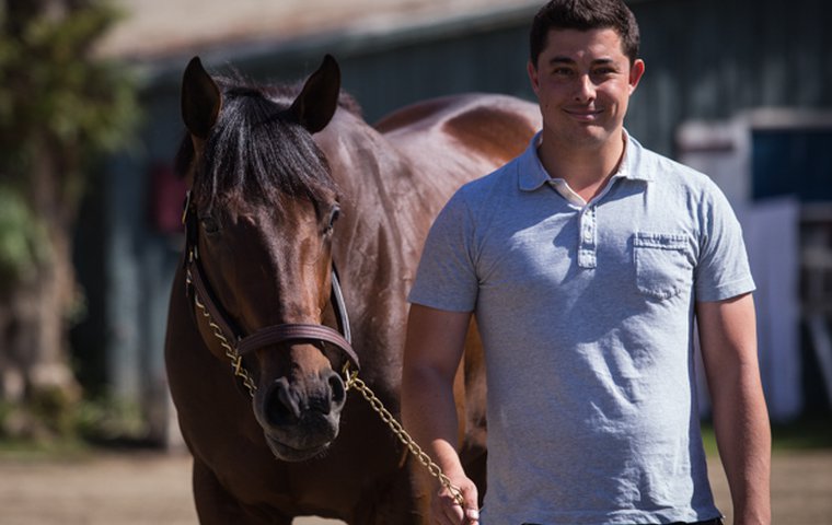 Simon Callaghan with Firing Line at Santa Anita before the colt ran second to American Pharoah in the Kentucky Derby. Photo: Zoe Metz