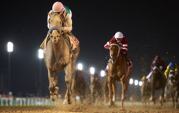 Arrogate and Mike Smith surge clear of Gun Runner in the Dubai World Sponsored by Emirates Airline at Meydan. Photo: Dubai Racing Club/Andrew Watkins